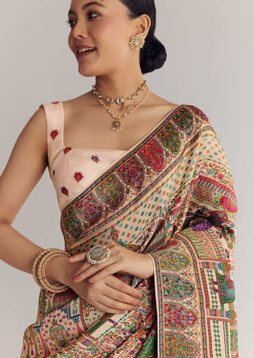 Off White Saree In Natural Traditional Prints