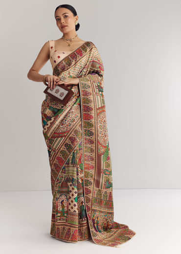 Off White Saree In Natural Traditional Prints