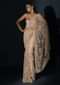 Beige Saree In Net With Light Peach Resham And Sequins Embroidered Floral Jaal