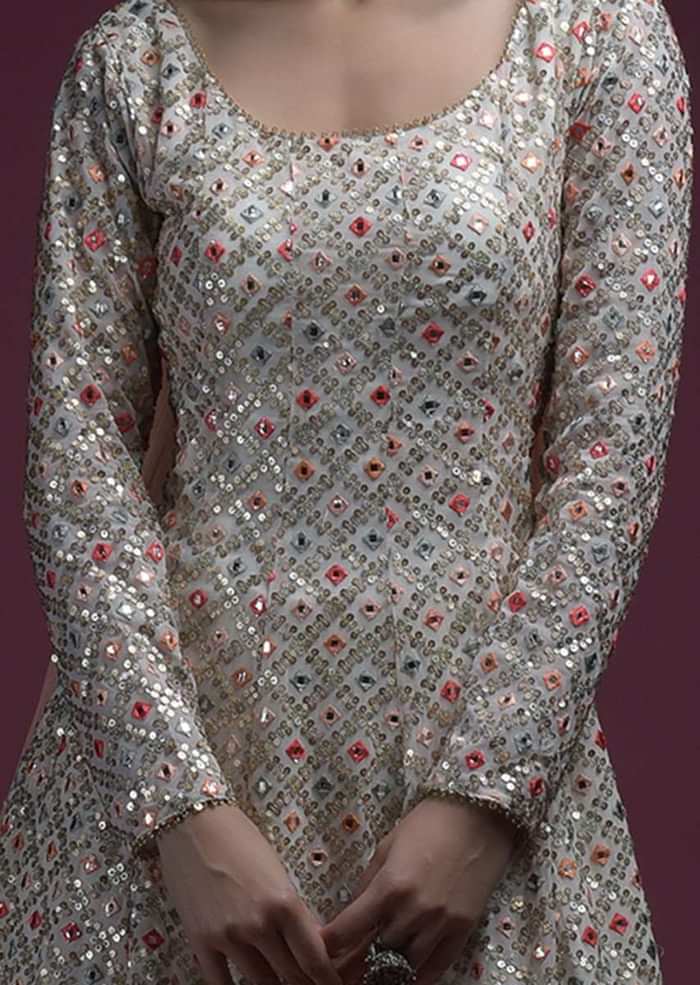 Off White Sharara Suit In Georgette With Peplum Kurti Adorned In Colorful Resham And Mirror Abla Jaal