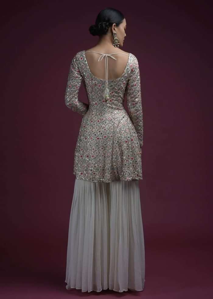 Off White Sharara Suit In Georgette With Peplum Kurti Adorned In Colorful Resham And Mirror Abla Jaal