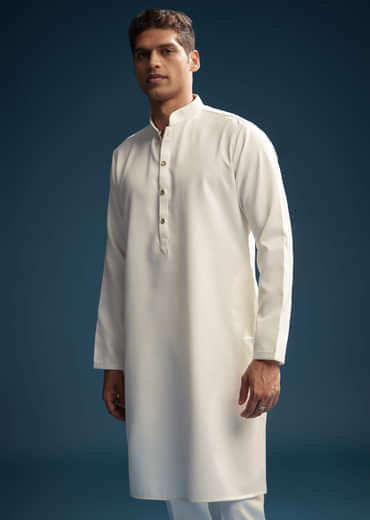 Off White Silk Kurta Jacket Set For Men With Abla Work
