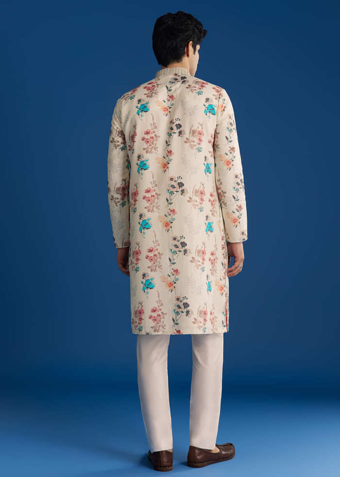 Off White Silk Linen Printed Kurta Set With Threadwork