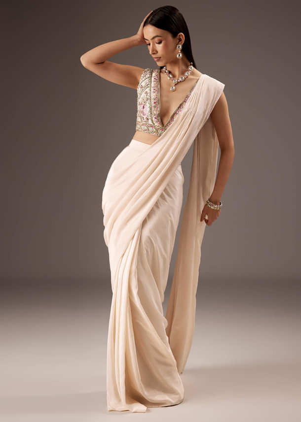 Off White Silk Saree With Embroidered Blouse