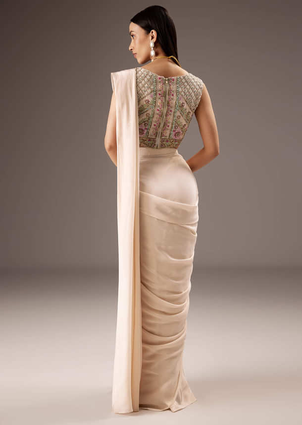 Off White Silk Saree With Embroidered Blouse