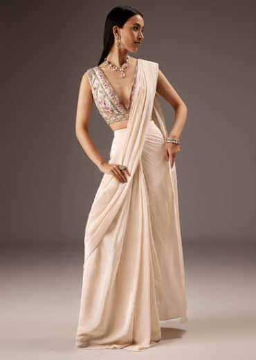 Off White Silk Saree With Embroidered Blouse