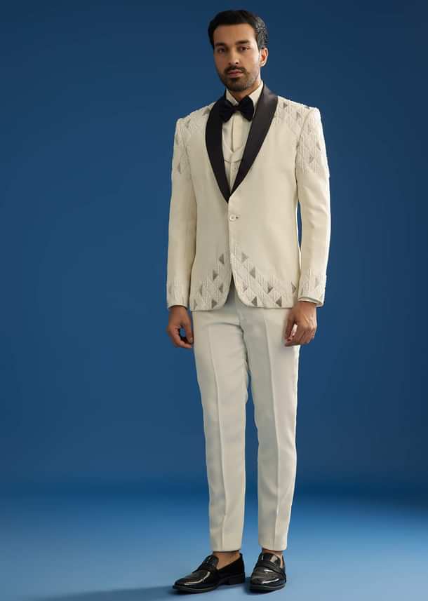 Off White Suiting Blazer Set With Beads And Cutdana Embroidery