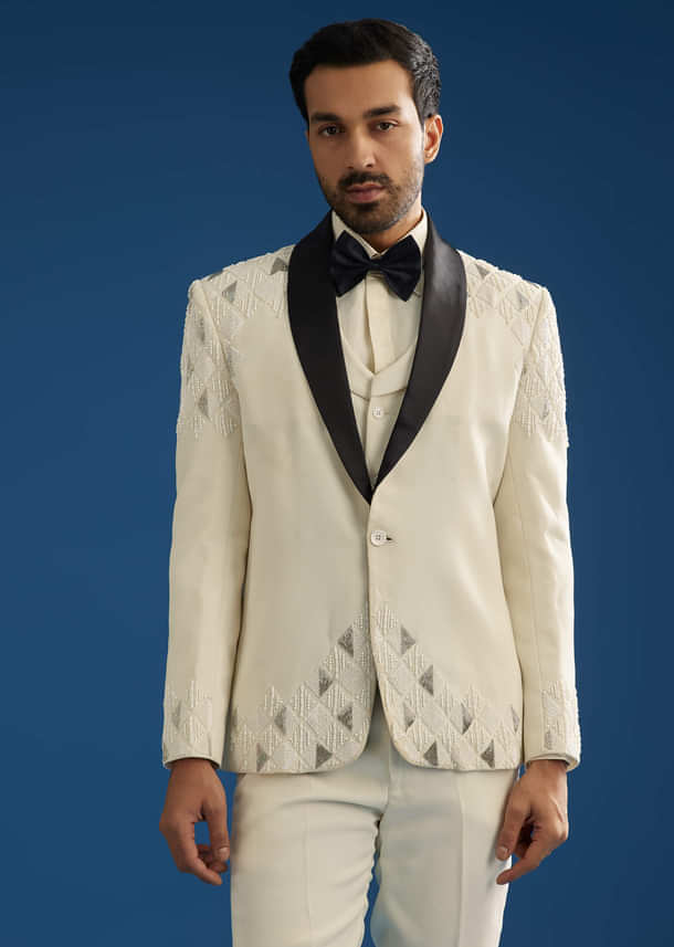 Off White Suiting Blazer Set With Beads And Cutdana Embroidery