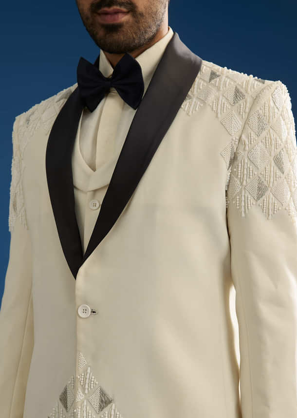 Off White Suiting Blazer Set With Beads And Cutdana Embroidery