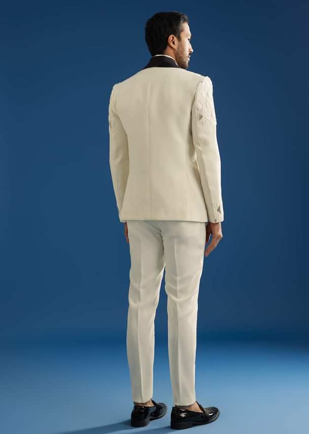 Off White Suiting Blazer Set With Beads And Cutdana Embroidery