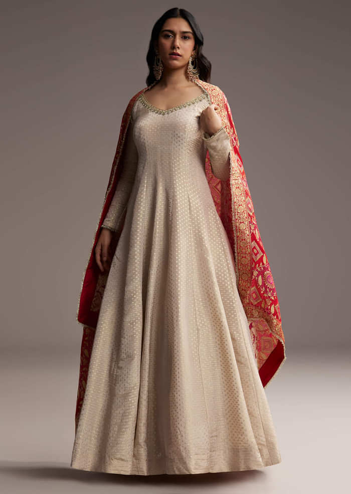 Off White Tissue Anarkali Suit With Butti Embroidery And Printed Silk Dupatta