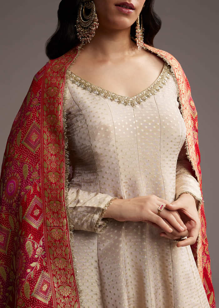 Off White Tissue Anarkali Suit With Butti Embroidery And Printed Silk Dupatta