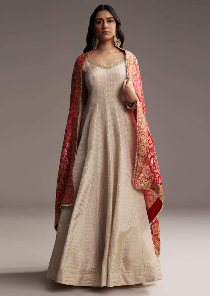 Off White Tissue Anarkali Suit With Butti Embroidery And Printed Silk Dupatta