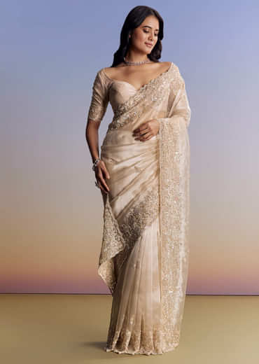Off White Tissue Saree With Cutdana Floral Embroidery