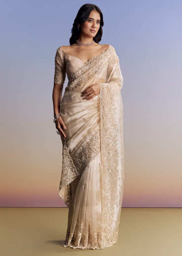 Off White Tissue Saree With Cutdana Floral Embroidery