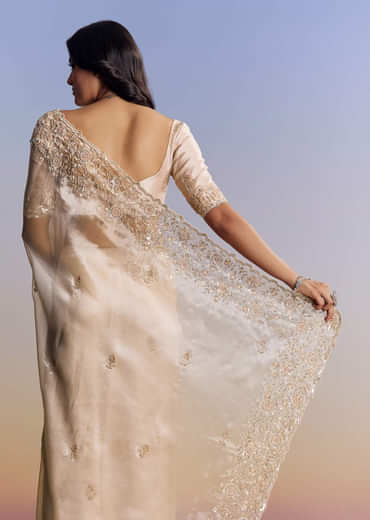 Off White Tissue Saree With Cutdana Floral Embroidery