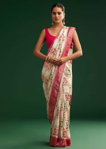 Off White Zari Dola Silk Saree With Checked Woven Motif