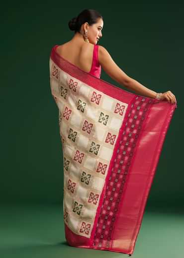 Off White Zari Dola Silk Saree With Checked Woven Motif
