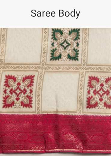 Off White Zari Dola Silk Saree With Checked Woven Motif