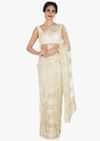 Off-white saree in net crafted in pretty thread work only on Kalki