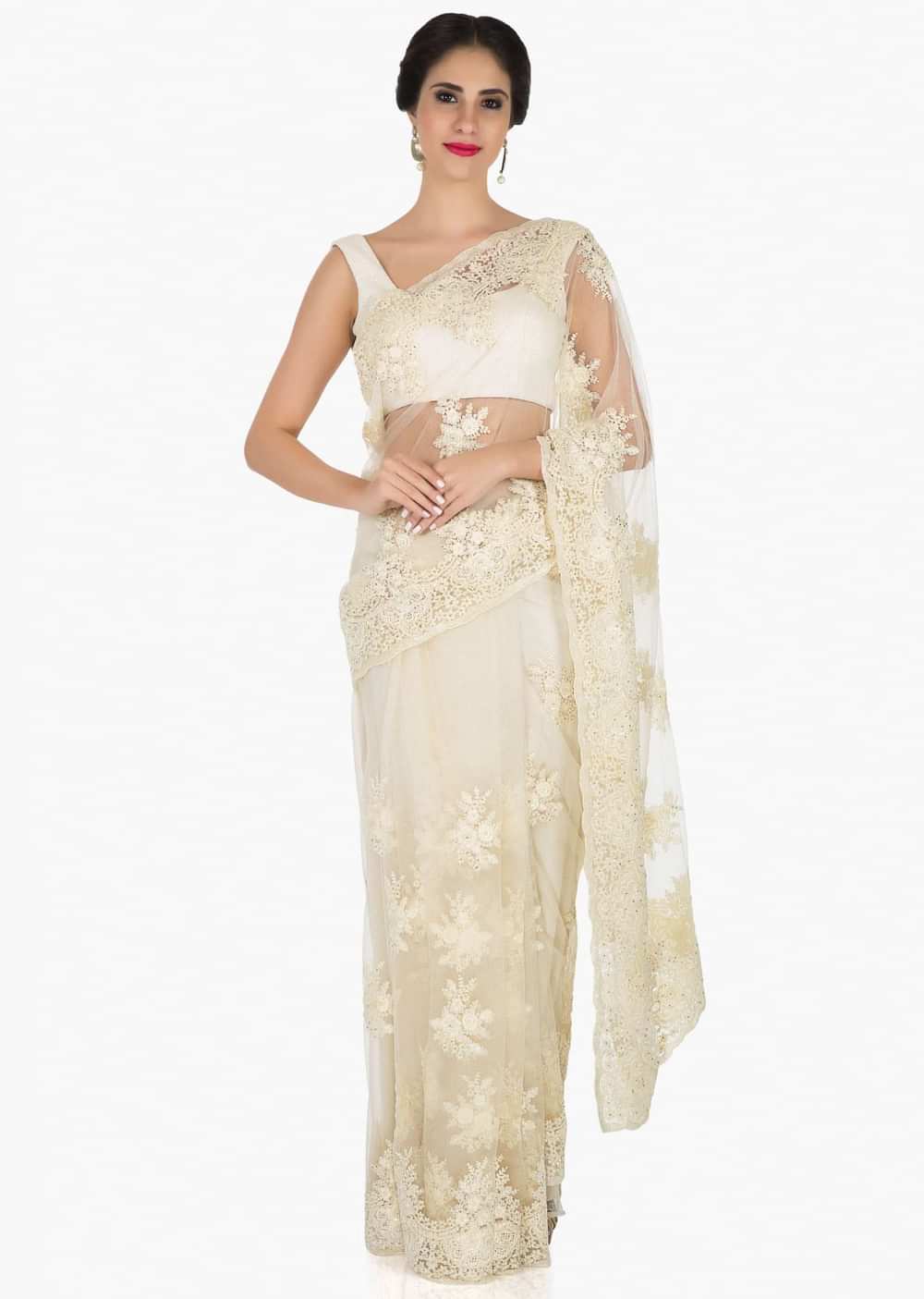 Off-white saree in net crafted in pretty thread work only on Kalki - KALKI Fashion India