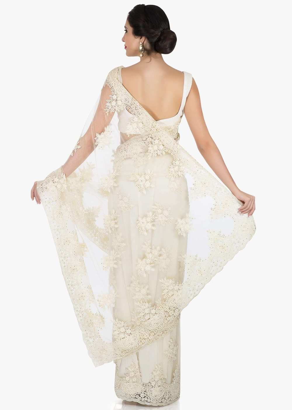 Off-white saree in net crafted in pretty thread work only on Kalki - KALKI Fashion India