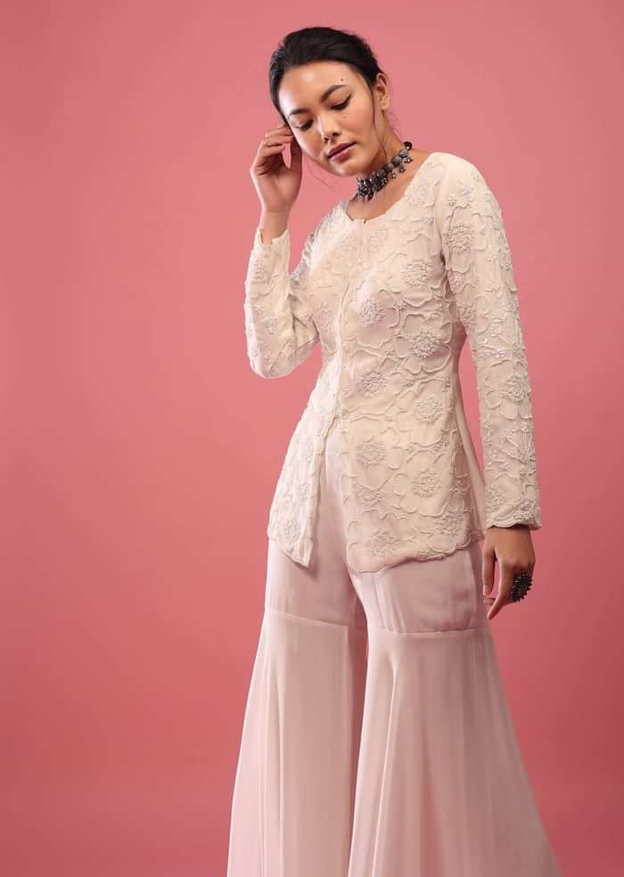Off-White Sharara Suit In Georgette With Fully Embroidered Top & Flowy Pants
