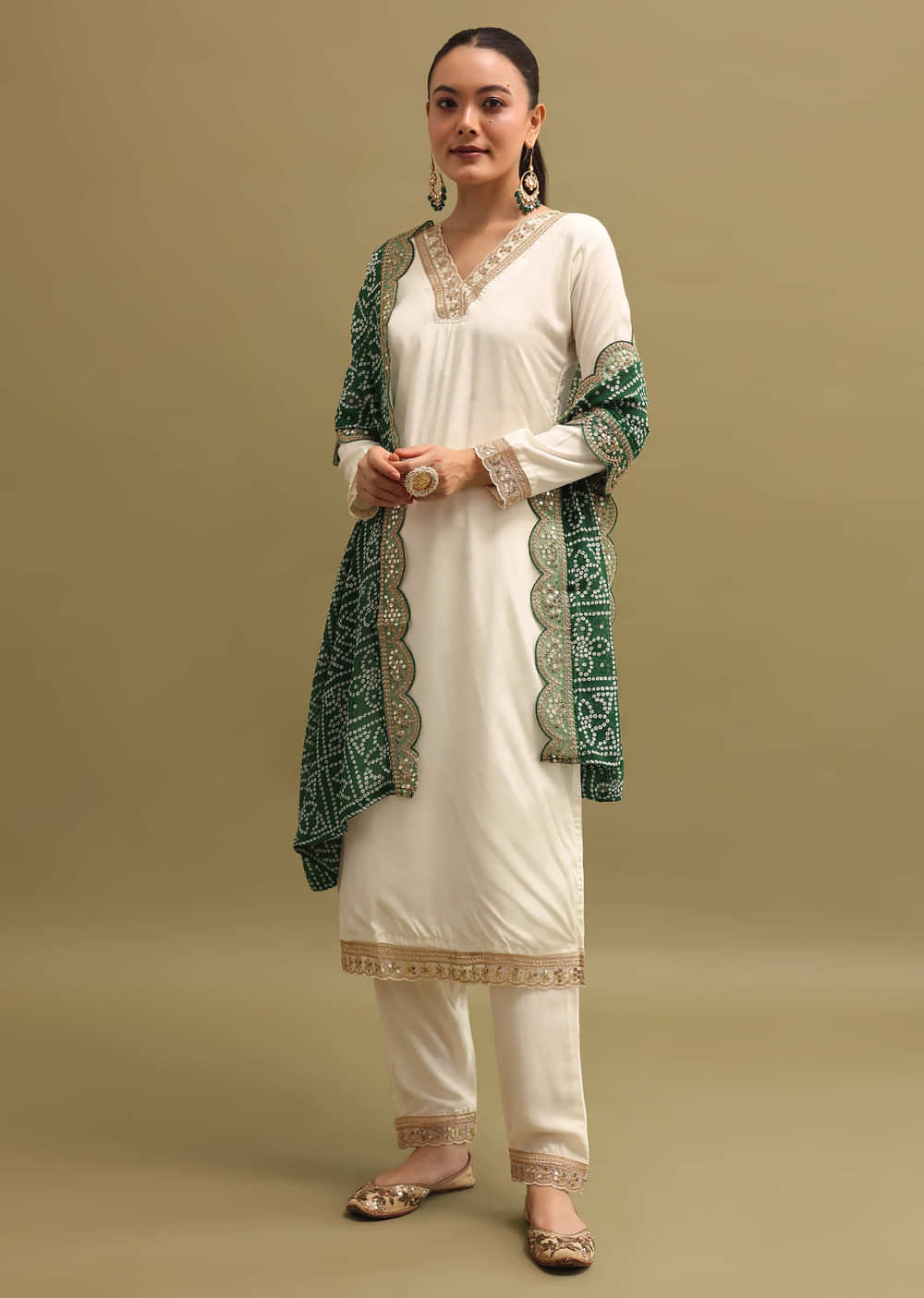 Off White And Green Cotton Silk Kurta Set With Dupatta
