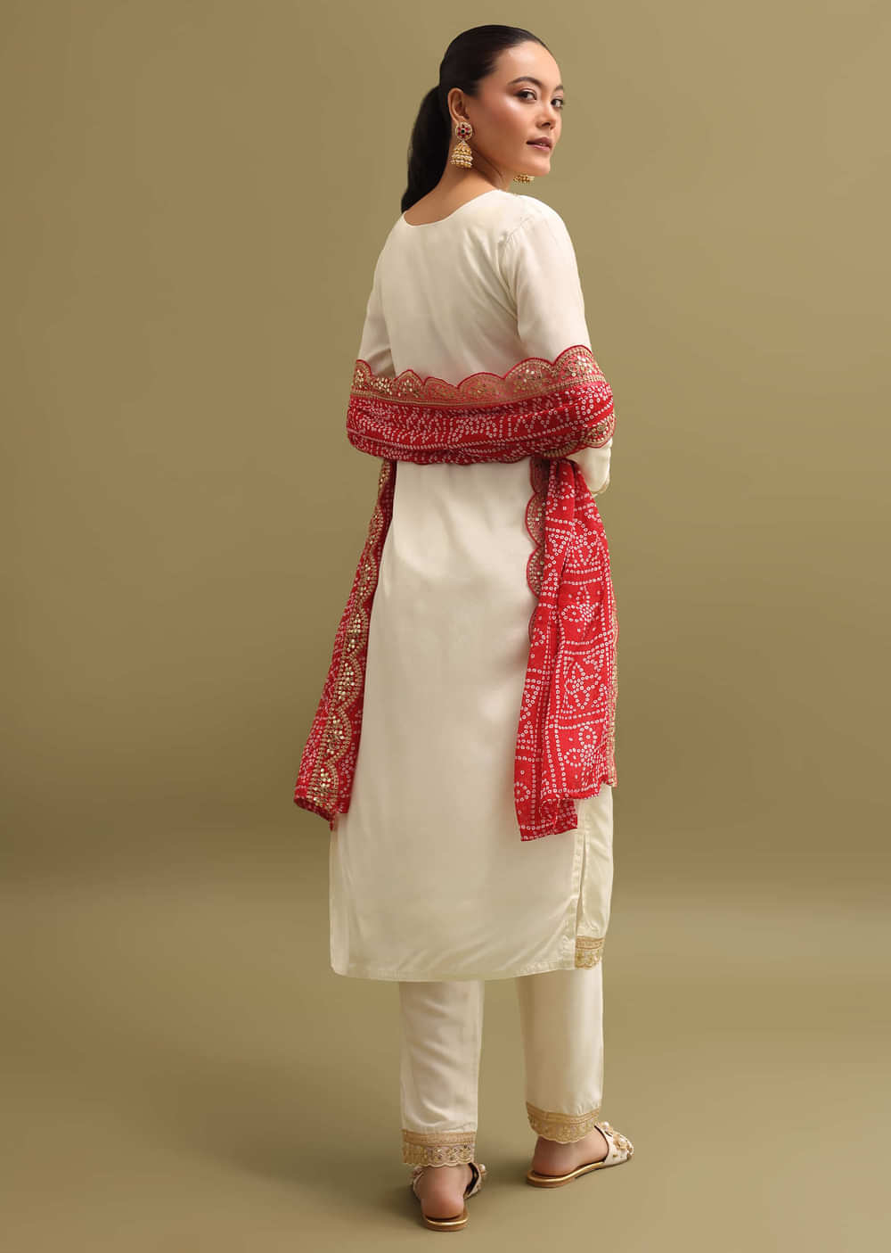 Off White And Red Cotton Silk Kurta Set With Dupatta