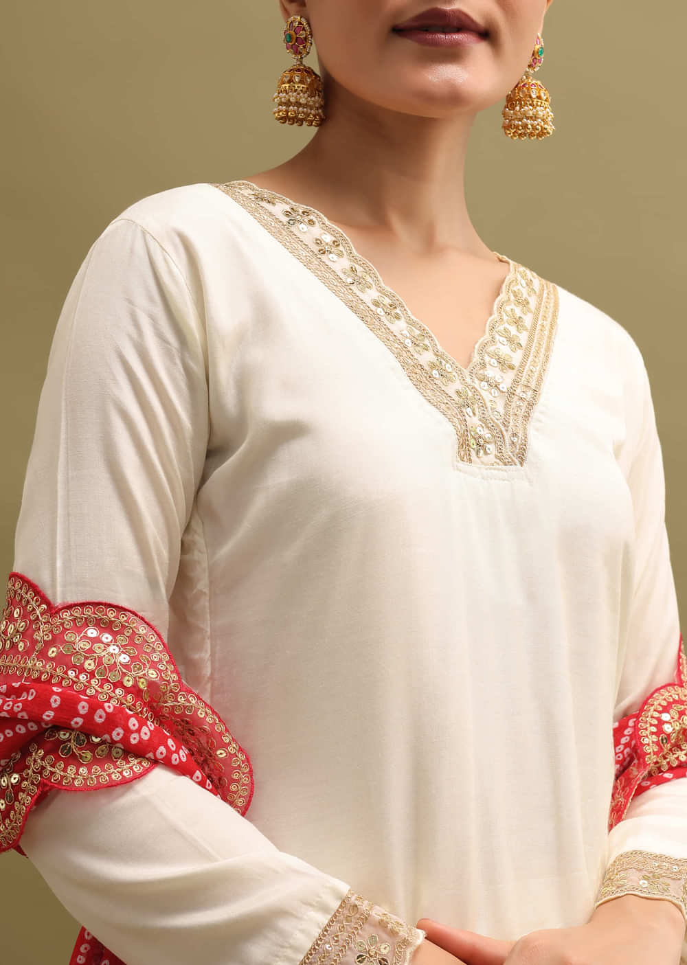 Off White And Red Cotton Silk Kurta Set With Dupatta