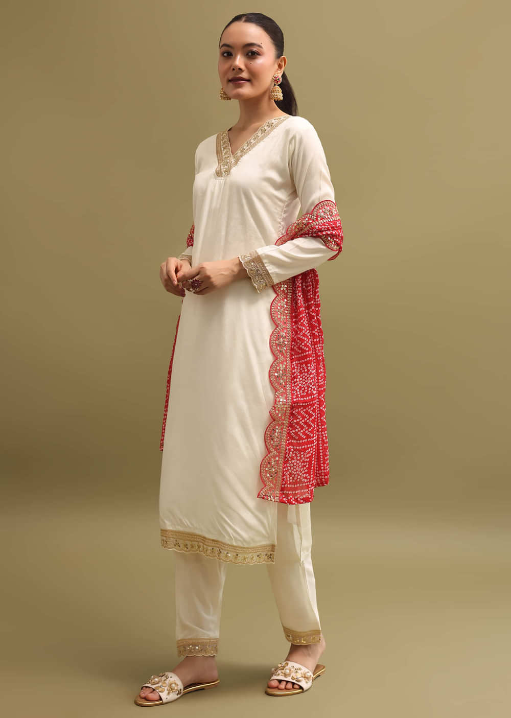 Off White And Red Cotton Silk Kurta Set With Dupatta