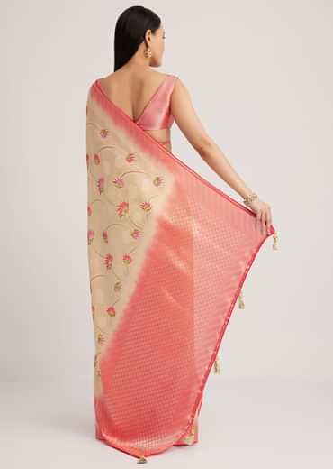 Off White Banarasi Silk Saree With Woven Contrast Red Border