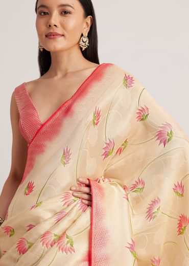 Off White Banarasi Silk Saree With Woven Contrast Red Border