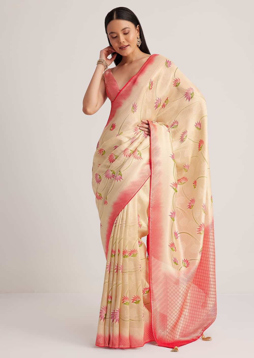 Off White Banarasi Silk Saree With Woven Contrast Red Border