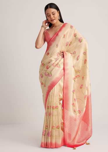 Off White Banarasi Silk Saree With Woven Contrast Red Border