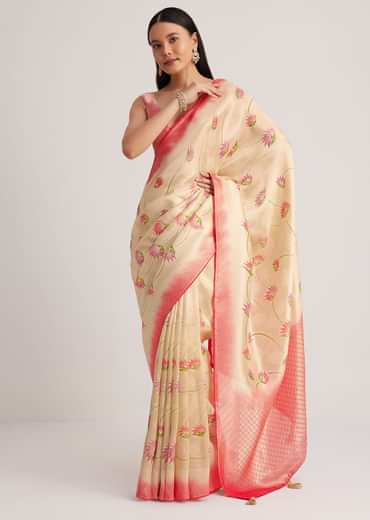 Off White Banarasi Silk Saree With Woven Contrast Red Border