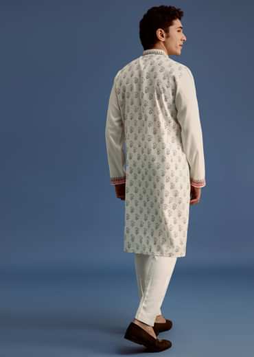 Off White Block Printed Kurta Set With Zari Hand Embroidery