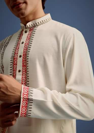 Off White Block Printed Kurta Set With Zari Hand Embroidery