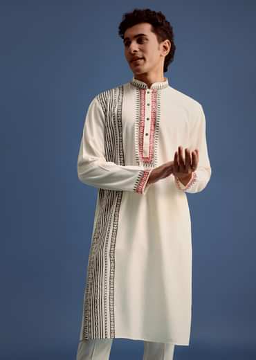 Off White Block Printed Kurta Set With Zari Hand Embroidery