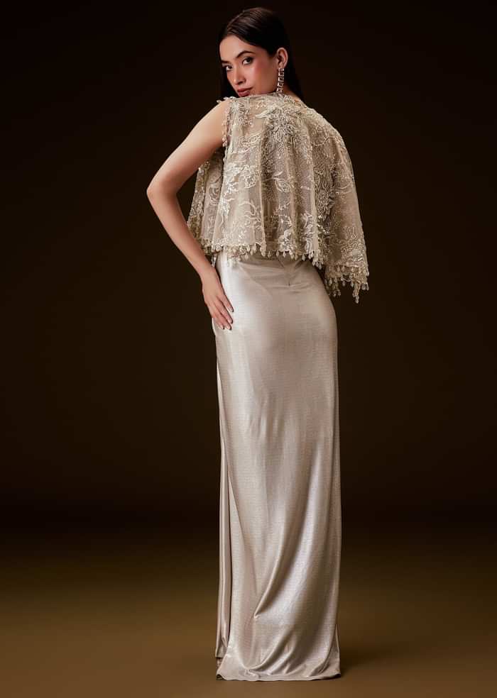Off White Corset Gown With Sheer Waistline And Embroidered Cape