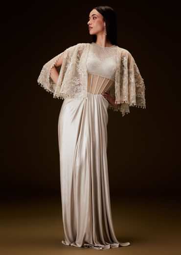 Off White Corset Gown With Sheer Waistline And Embroidered Cape