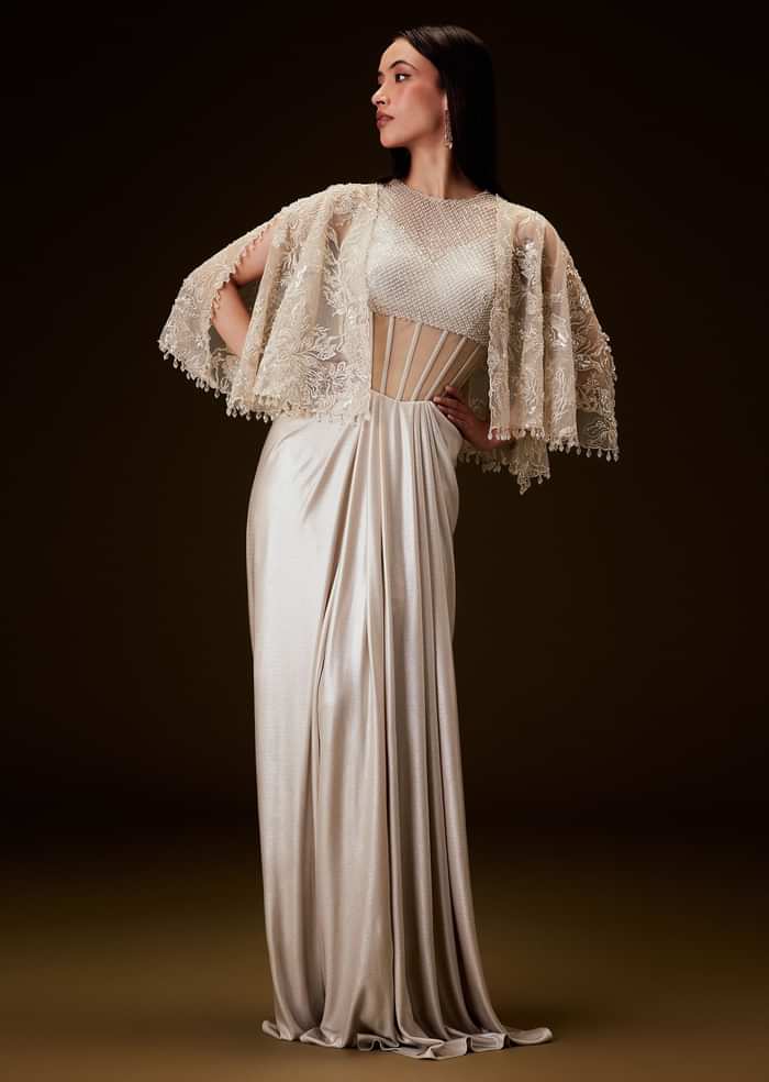 Off White Corset Gown With Sheer Waistline And Embroidered Cape