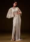 Off White Corset Gown With Sheer Waistline And Embroidered Cape