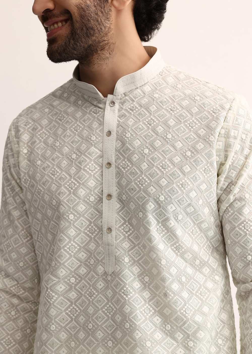 Off White Cotton Silk Embroidered Kurta Set For Men