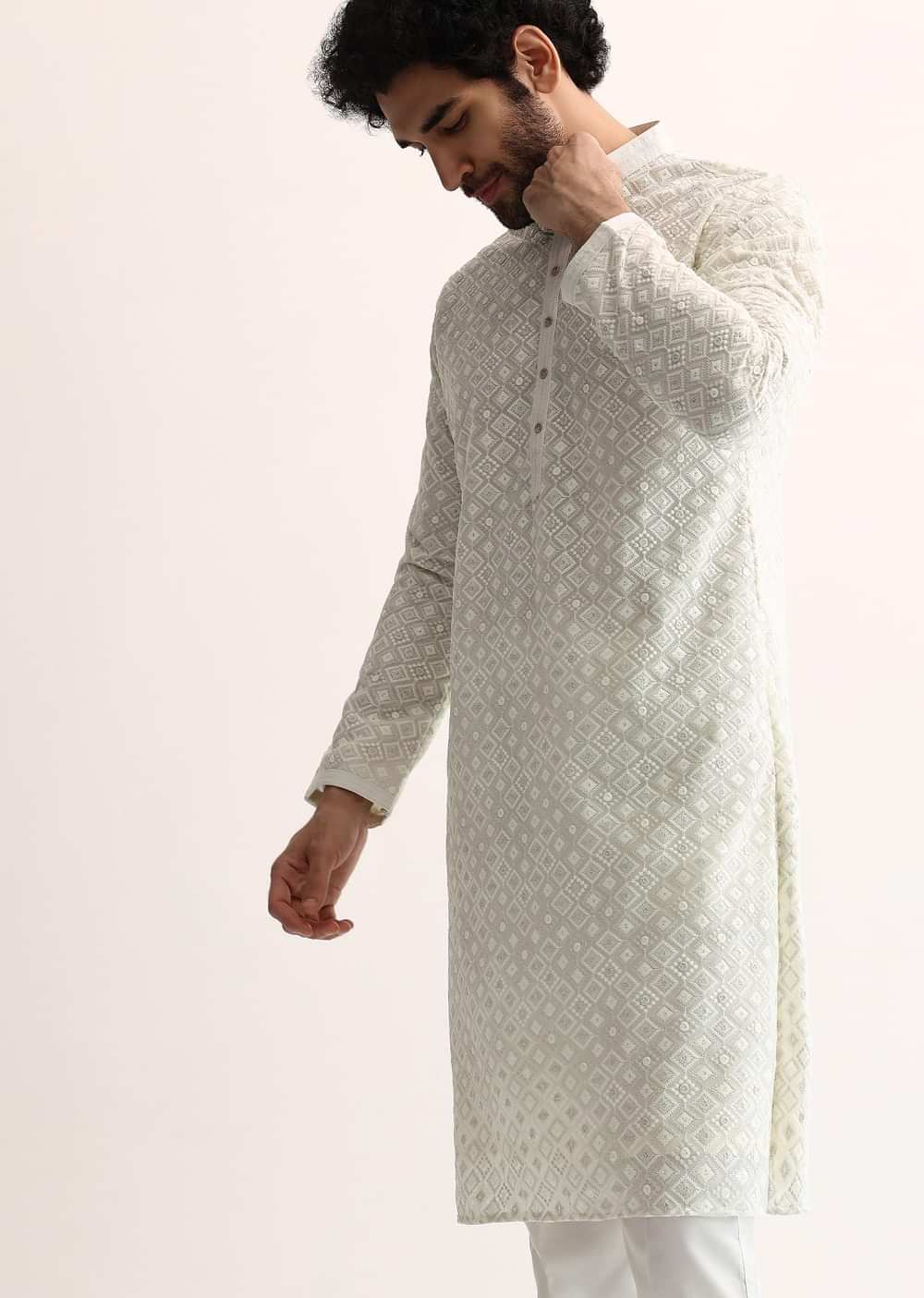 Off White Cotton Silk Embroidered Kurta Set For Men