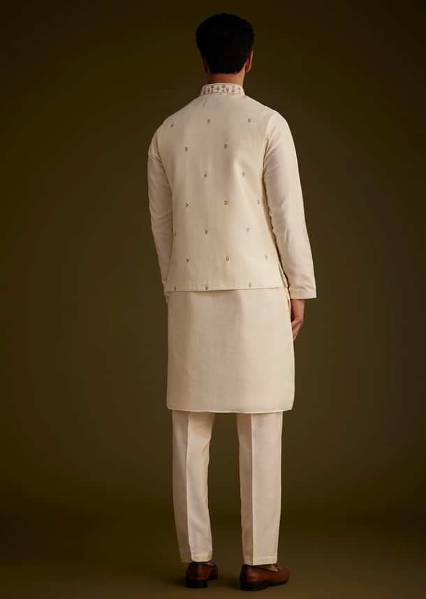 Off White Cotton Silk Jacket Set With Multicolored Floral Embroidery