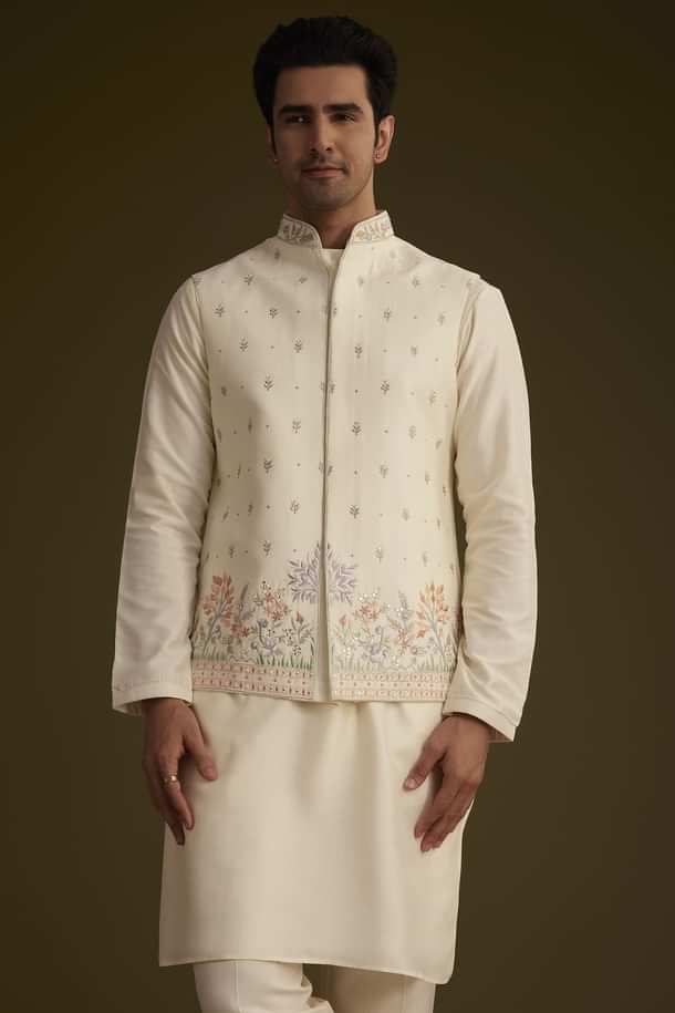 Off White Cotton Silk Jacket Set With Multicolored Floral Embroidery