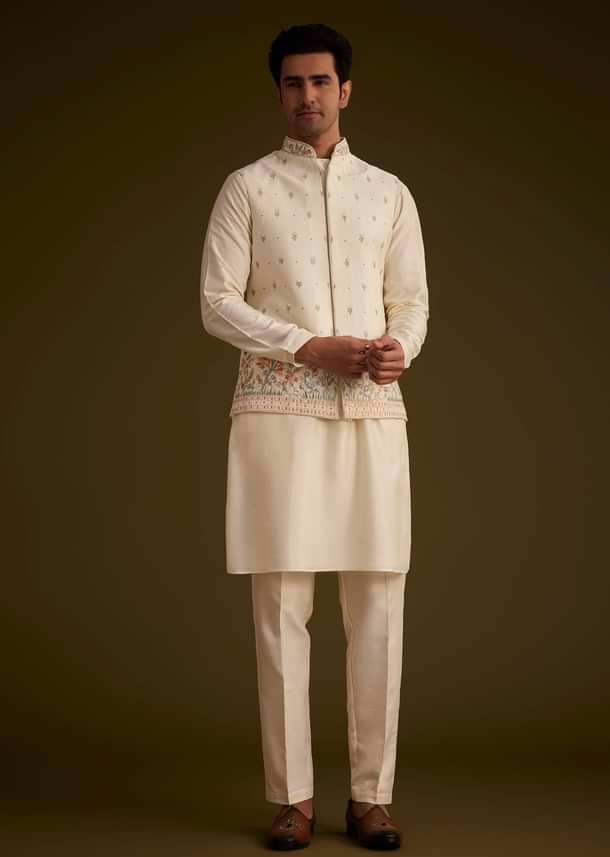 Off White Cotton Silk Jacket Set With Multicolored Floral Embroidery