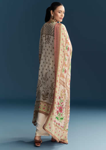 Off White Crepe Printed Kurta Set
