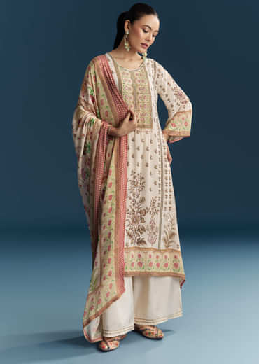 Off White Crepe Printed Kurta Set
